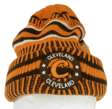 Cleveland Knitted Plush Lined Varsity Cuffed Winter Hat with Seal (Orange/Brown)