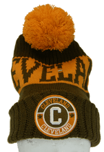 Cleveland City Name Three Stripe Circular Patch Pom Beanie Winter Hat (Brown/Orange)