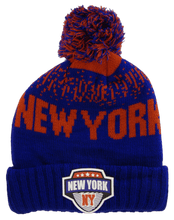 New York City Name Rubber Patch Ribbed Winter Knit Pom Beanie (Royal/Red)