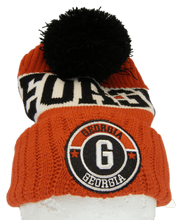 Georgia Three Stripe Circular Patch Pom Beanie Winter Hat (Red/Black)