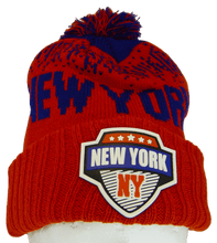 New York City Name Rubber Patch Ribbed Winter Knit Pom Beanie (Red/Royal)