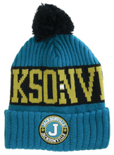 Jacksonville City Name Three Stripe Circular Patch Pom Beanie Winter Hat (Teal/Yellow)