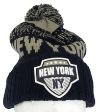 New York City Name Rubber Patch Ribbed Winter Knit Pom Beanie (Light Grey/Navy)