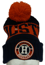 Houston City Name Three Stripe Circular Patch Pom Beanie Winter Hat (Navy Blue/Red)