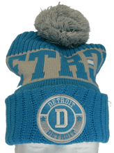 Detroit City Name Three Stripe Circular Patch Pom Beanie Winter Hat (Powder Blue/Light Gray)