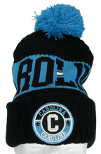 Carolina Three Stripe Circular Patch Pom Beanie Winter Hat (Black/Blue)