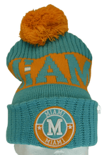 Miami City Name Three Stripe Circular Patch Pom Beanie Winter Hat (Aqua/Orange)