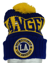 Los Angeles City Name Three Stripe Circular Patch Pom Beanie Winter Hat (Royal/Gold)