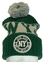 New York City Name Three Stripe Circular Patch Pom Beanie Winter Hat (Hunter Green/Light Gray)