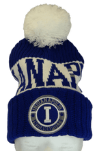 Indianapolis City Name Three Stripe Circular Patch Pom Beanie Winter Hat (Royal/White)