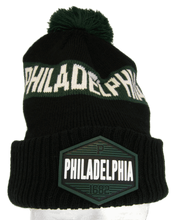 Philadelphia City Name Winter Knit 3D Rubber Patch Pom Beanie Hat (Black/Green)