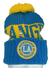 Los Angeles City Name Three Stripe Circular Patch Pom Beanie Winter Hat (Powder Blue/Gold)