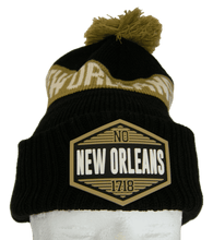 New Orleans City Name Winter Knit 3D Rubber Patch Pom Beanie Hat (Black/Khaki)