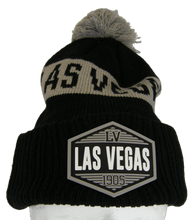 Las Vegas City Name Winter Knit 3D Rubber Patch Pom Beanie Hat (Black/Gray)