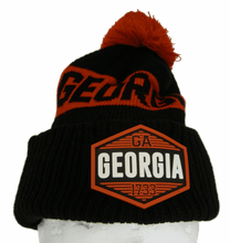 Georgia Winter Knit 3D Rubber Patch Pom Beanie Hat (Black/Red)