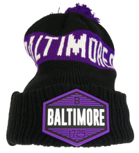 Baltimore City Name Winter Knit 3D Rubber Patch Pom Beanie Hat (Black/Purple)