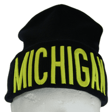 Michigan Adult Size Bold Lettering Winter Knit Cuffed Beanie Hat (Navy/Gold)