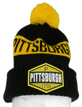 Pittsburgh City Name Winter Knit 3D Rubber Patch Pom Beanie Hat (Black/Gold)