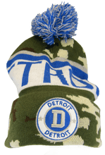 Detroit City Name Three Stripe Circular Patch Pom Beanie Winter Hat (Camo/Teal)