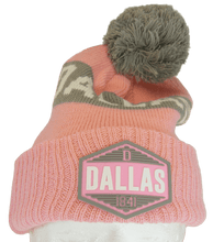 Dallas City Name Winter Knit 3D Rubber Patch Pom Beanie Hat (Pink/Gray)