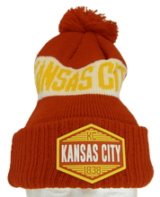 Kansas City Winter Knit 3D Rubber Patch Pom Beanie Hat (Red/White/Gold)