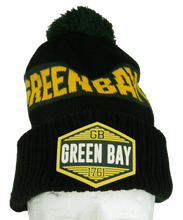 Green Bay City Name Winter Knit 3D Rubber Patch Pom Beanie Hat (Black/Green)