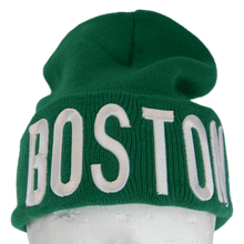 Boston City Name Bold Lettering Winter Knit Cuffed Beanie Hat (Green/White)