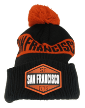 San Francisco City Name Winter Knit 3D Rubber Patch Pom Beanie Hat (Black/Red)