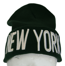 New York Adult Size Winter Knit Cuffed Beanie Hat (Dark Green/White)