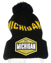 Michigan Winter Knit 3D Rubber Patch Pom Beanie Hat (Black/Navy/Gold)