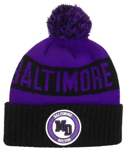 Baltimore B Patch Ribbed Cuff Knit Winter Hat Pom Beanie (Purple/Black Patch)