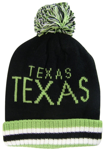Texas Adult Size Cuffed Winter Knit Pom Beanie Hats (Black/Green)