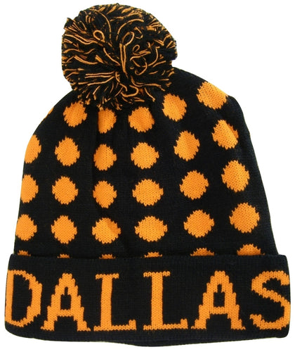 Dallas Adult Size Leopard Spots Pattern Winter Knit Pom Beanie Hats (Black/Orange)