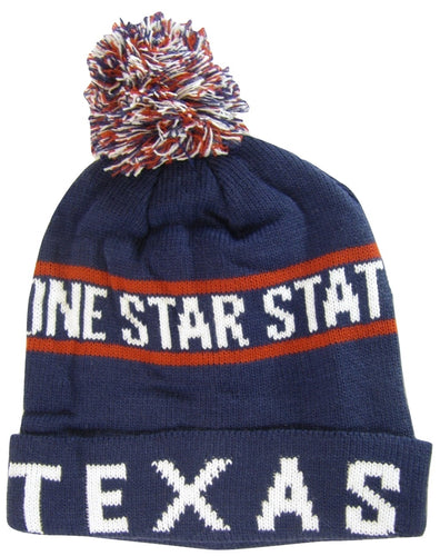 Texas Lone Star State Adult Size Winter Knit Pom Beanie Hats (Navy/White)