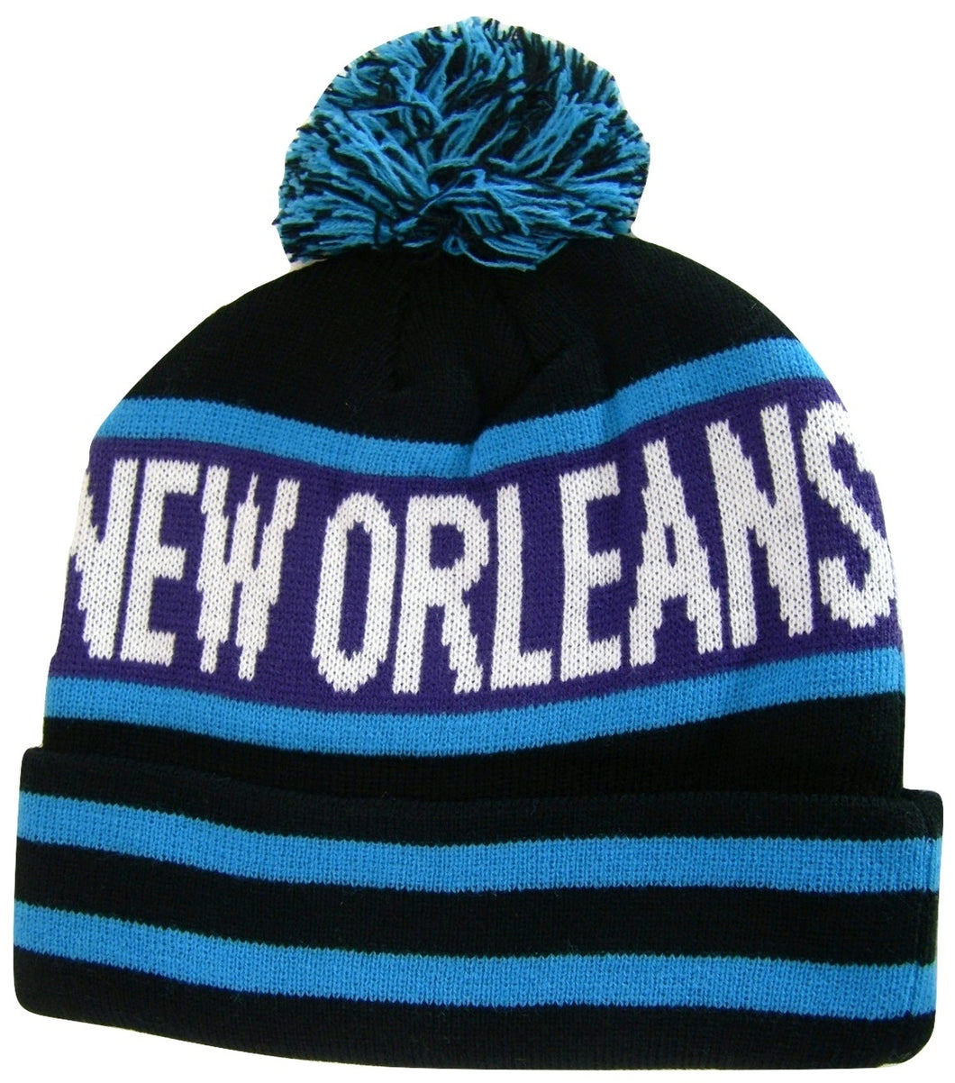 New Orleans Adult Size Winter Knit Beanie Hats (Black/Blue)