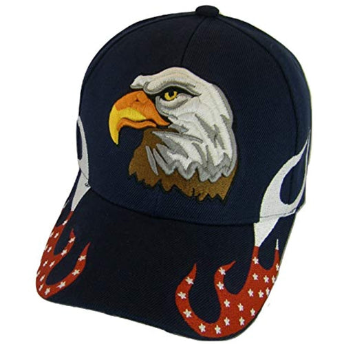 Men's Patriotic Flames Large Eagle USA Adjustable Baseball Cap (Navy)