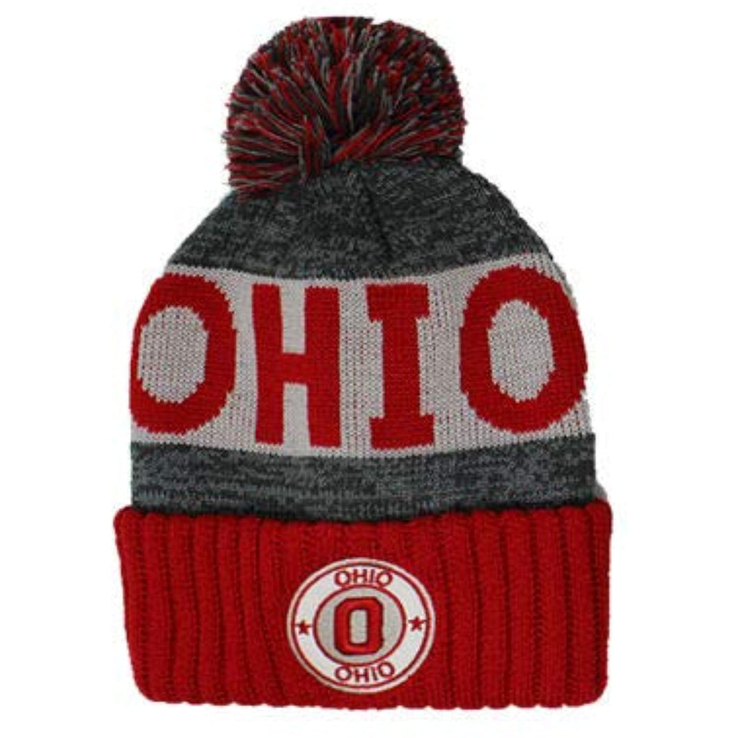 Ohio Men's Winter Knit Landmark Patch Pom Beanie (Red/Light Gray)