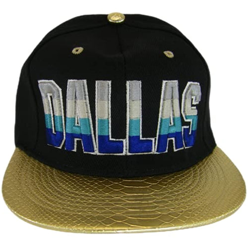 Dallas City Name Textured Brim Adjustable Snapback Baseball Cap (Black/Gold)