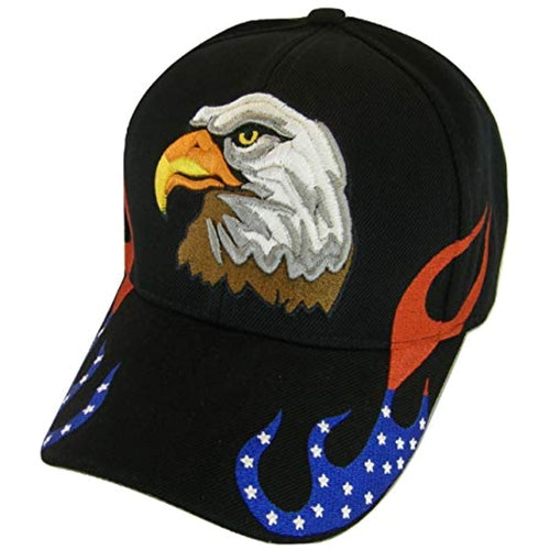 Men's Patriotic Flames Large Eagle USA Adjustable Baseball Cap (Black)