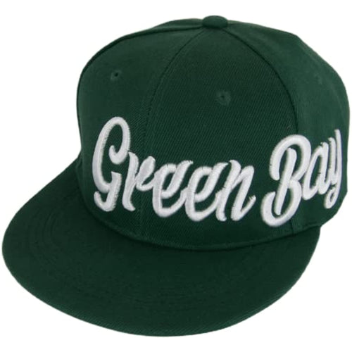 Green Bay City Name Offset Script Snapback Baseball Cap (Green/White)