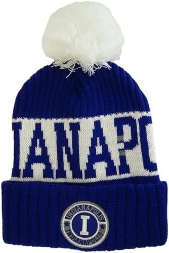 Indianapolis City Name Three Stripe Circular Patch Pom Beanie Winter Hat (Royal/White)