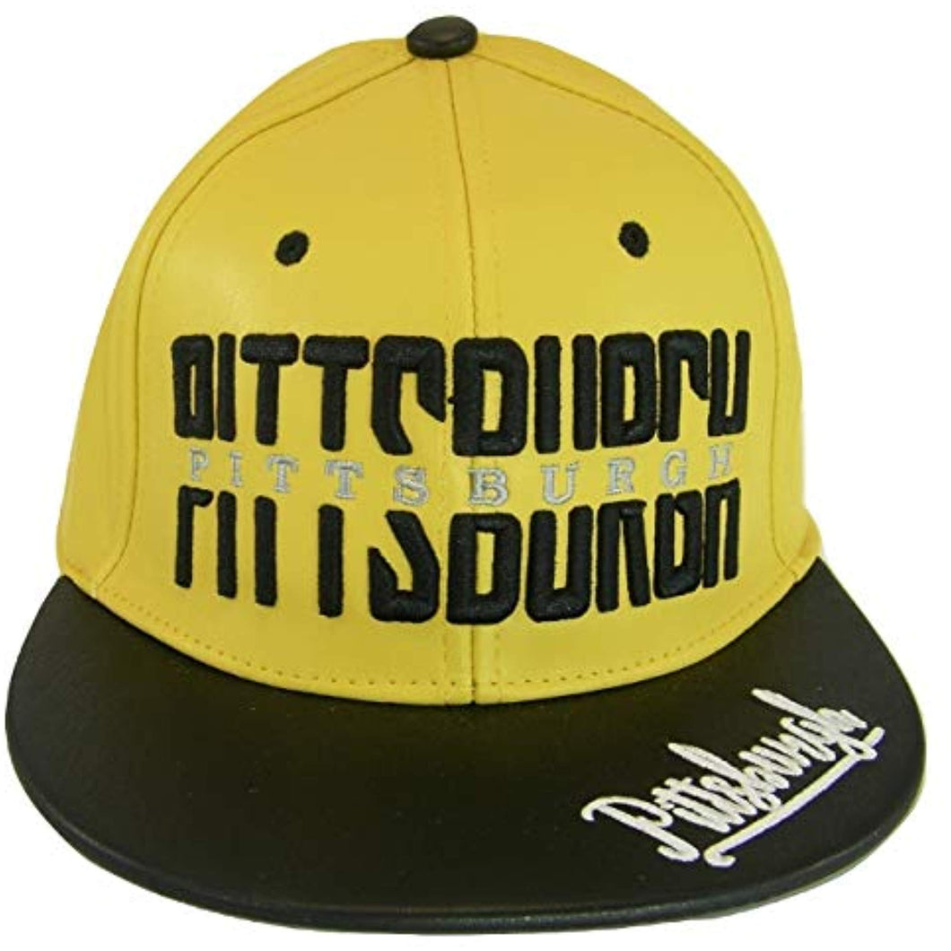 Pittsburgh PU Leather Window Shade Font Snapback Baseball Cap (Gold/Black)