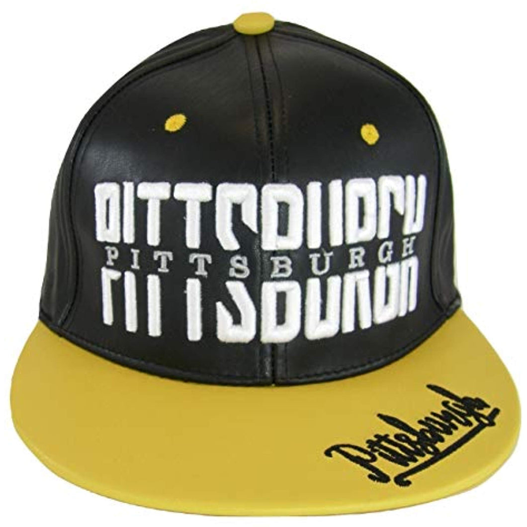 Pittsburgh PU Leather Window Shade Font Snapback Baseball Cap (Black/Gold)