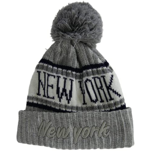 New York Plush Lined Embroidered Winter Knit Pom Beanie Hat (Gray)