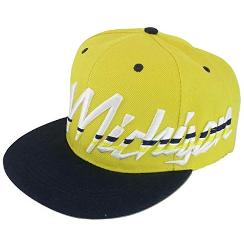 Michigan Offset Jagged Script Men's Adjustable Snapback Baseball Cap (Gold/Navy)