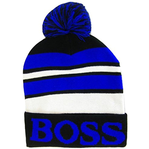 Boss Adult Size Tri-Color Striped Winter Knit Pom Beanie Hats (Black/Royal)