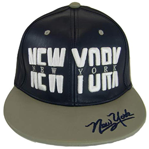 New York PU Leather Window Shade Font Snapback Baseball Cap (Navy/Gray)