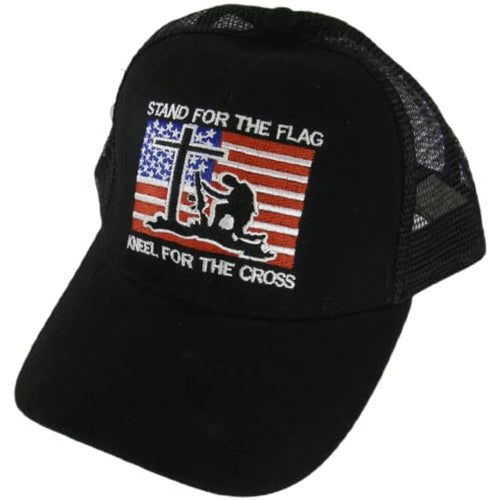 Stand for The Flag Kneel for The Cross Adjustable Mesh Back Baseball Cap (Black)