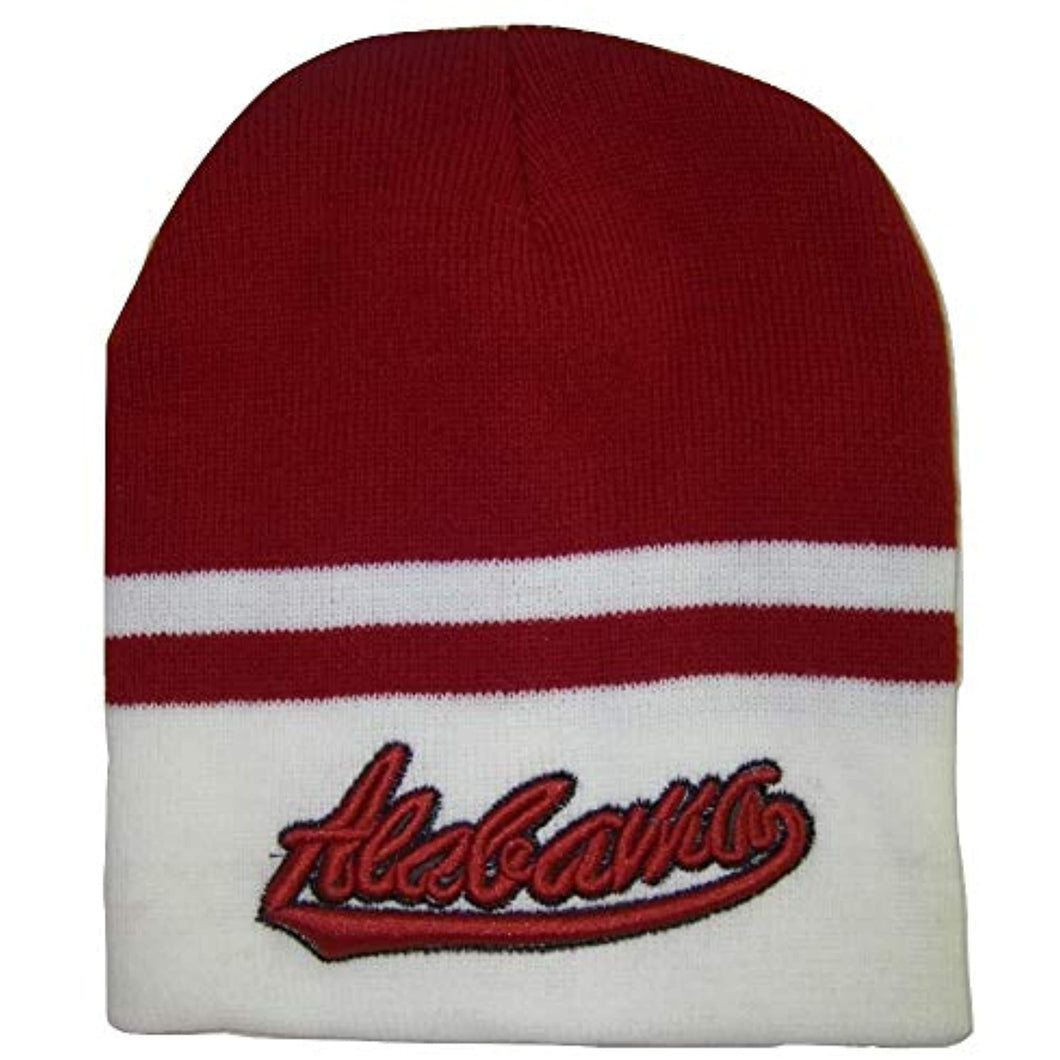 Alabama Cursive Script Adult Size Winter Knit Beanie Hats (Crimson/White)