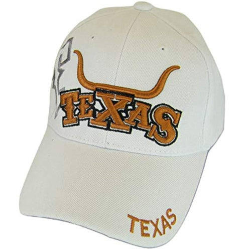 Texas Longhorn & State Flag Adjustable Baseball Cap (White)